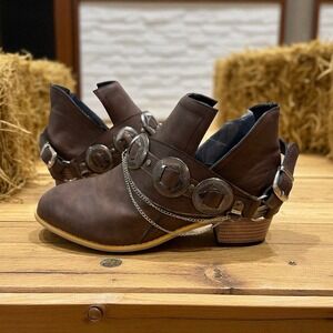 🔥Western‎ 🤠Boho Brown Leather Ankle Boot Mystic Style Harness Chain Buckle 7.5